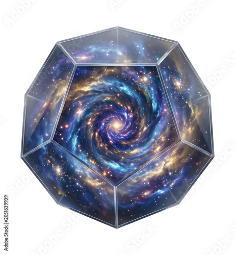 Glass geometric terrarium containing a swirling spiral galaxy and nebula vortex with glowing stars and cosmic clouds