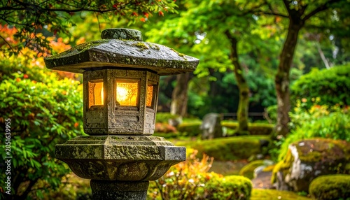 A serene stone lantern with a lit interior sits amidst a lush Japanese garden