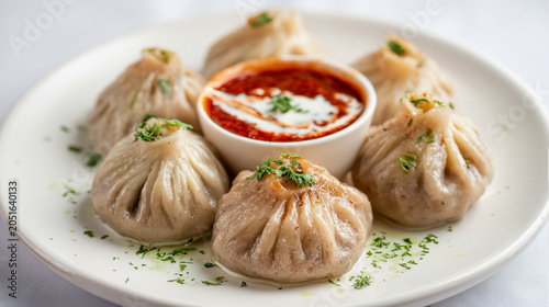 Steamed momos served with spicy red chutney and cream on a white plate