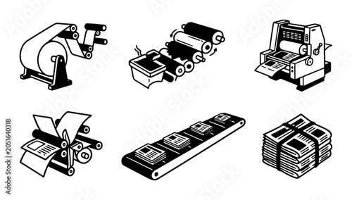 фотографія Printing Press Icons, Newspaper Production Set, Offset Lithography Machine, Pape