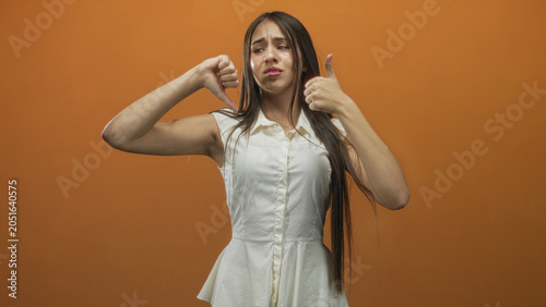 Photography Teenage girl in white dress shows thumbs up and thumbs down with both hands in orange studio, long hair and expressive face visible; ambivalent