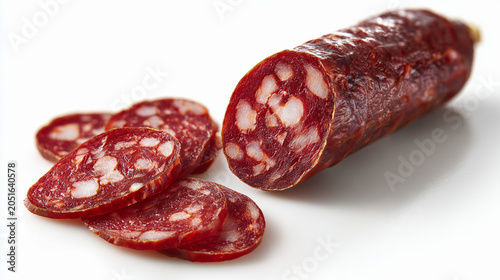 Salami sausage with slices isolated on white background
