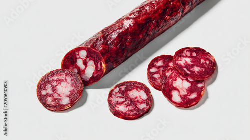 Salami sausage stick with several slices isolated on white background
