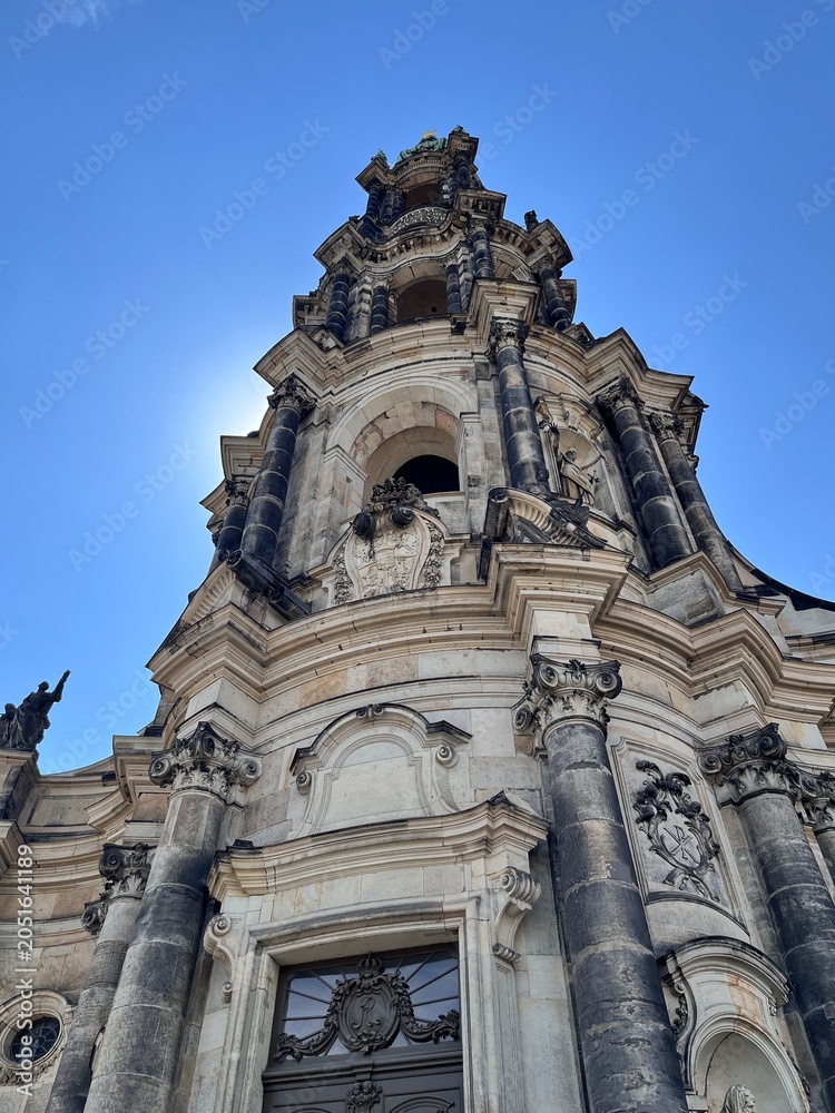 Fototapeta premium Low Angle View of Historic Towers in Dresden with Classic Stone Architecture
