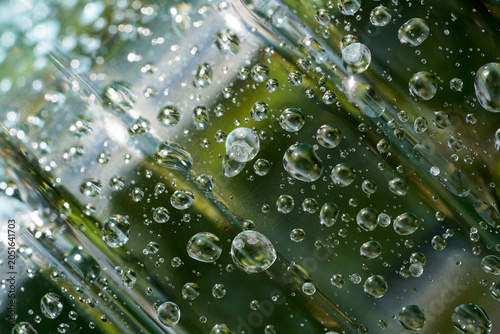 Water Droplets on Transparent Plastic Surface. Macro close-up of crystal-clear water droplets scattered across a transparent plastic surface with a soft green natural background.