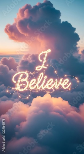A serene sky with fluffy clouds and a glowing inspirational message