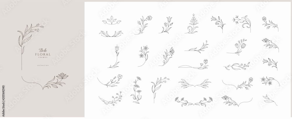 Obraz premium Set of calligraphic floral frames and branches. Constructor of floral decoration. Delicate botanical branch in arcs form with flowers and leaves, intricate hand drawn