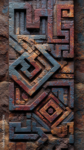 Ancient Andean stone relief with a dense rust and blue maze