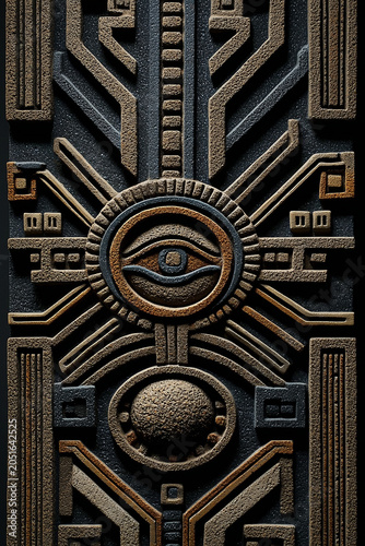 Ancient Pre-Columbian relief with a carved eye and sun motif