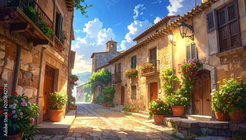 A serene, sunlit cobblestone street lined with rustic stone buildings adorned with vibrant potted plants and flowers under a blue sky
