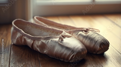 Worn ballet slippers rest on wooden floor near window. Soft light highlights texture and creases of fabric. Shoes suggest dedication to dance or performance. Ideal for themes like art, passion