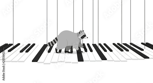 Tablou pe pânză Cute Raccoon Walking on Piano Keys - Music Concept