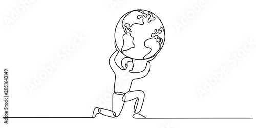 Vászonkép Continuous single line drawing of a person kneeling and holding up the globe ear