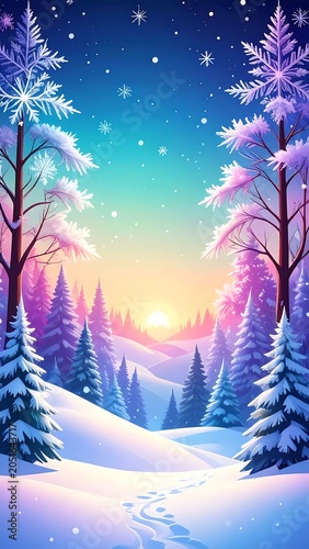 A serene snowy landscape at sunrise with trees and a starry sky