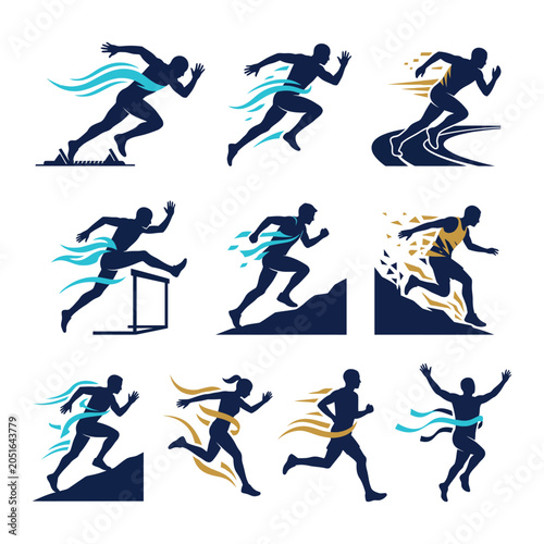 Collection of dynamic running silhouettes in various poses and styles