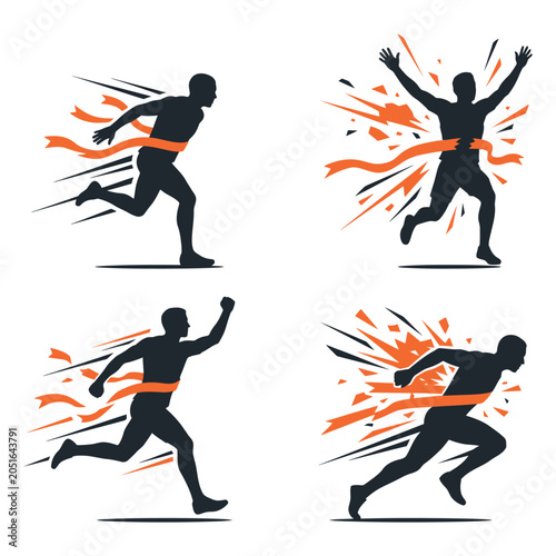 Four silhouettes of runners crossing the finish line with orange ribbons and motion lines