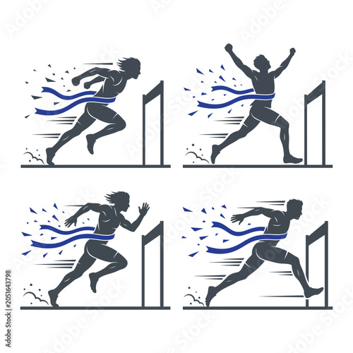 A set of four dark blue silhouettes of runners crossing finish line with blue ribbons