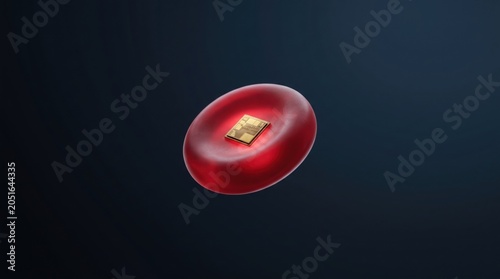 A highly detailed, three-dimensional computer-generated red blood cell with a shiny gold microchip embedded on its surface, set against a dark blue gradient background.
