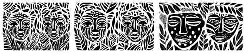 Photos Tribal masks and ethnic faces surrounded by tropical leaves in woodcut style