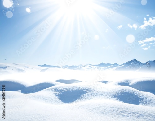 A serene snowy landscape with sun shining brightly