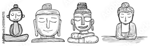 Valokuva Buddha statues and heads collection depicting meditative expressions in simple l