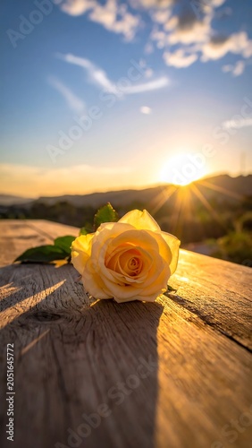 A serene sunset scene with a delicate yellow rose on a wooden surface