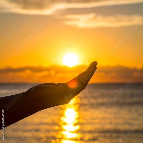 A serene sunset scene with a hand outstretched towards the vibrant orange sun over a calm sea