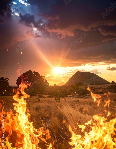 A serene sunset scene with a mountain, trees, and fire