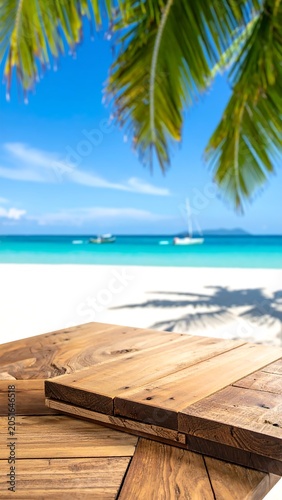 A serene tropical beach scene with a wooden deck and palm trees