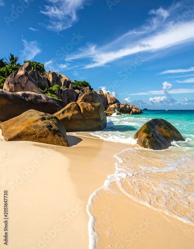 A serene tropical beach with turquoise water and large rocks on a sunny day