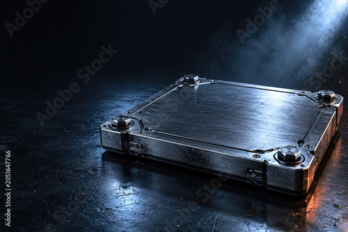 Scratched metal case on dark surface under spotlight. Space for text.