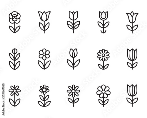Collection of linear flower icons with simple geometric construction for brand identity and logos.