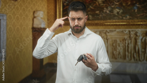 Принти на полотні Man holding car keys while points finger to temple in ornate museum building, furrowed brow and hesitant expression; confusion decision