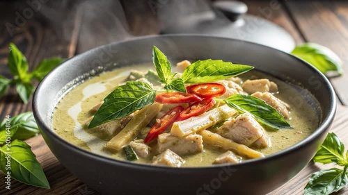 Steaming bowl of authentic Thai green curry with chicken bamboo shoots and red chili on a rustic wooden table