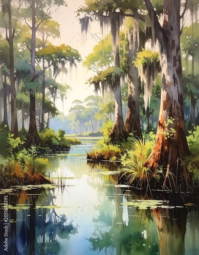 A serene swampy landscape with towering trees and lush greenery reflected in calm waters