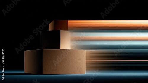 Three stacked boxes with light streaks implying motion and speed