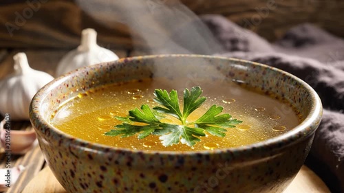 Steaming golden chicken broth in a speckled ceramic bowl with fresh parsley garnish and garlic on a rustic wooden table