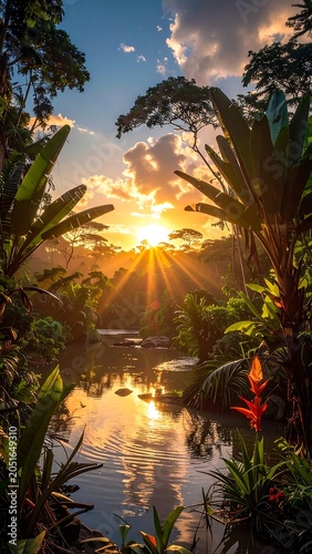 A serene tropical landscape with a river, lush greenery, and a vibrant sunset