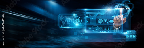 Quadro su tela Businessman uses virtual smart dashboards analyzing automation data and intelligent workflows, process optimization, operational efficiency, digital transformation