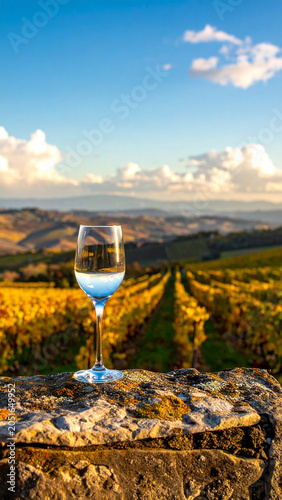 An empty crystal wine glass stands on a weathered stone ledge overlooking a vast valley of symmetrical grapevines.