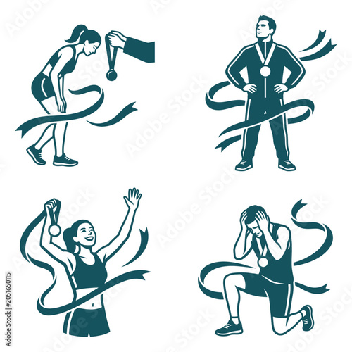 Four green and white illustrations of athletes with medals and ribbons And, international sports event, multi sport competition, athletics championship, sports tournament, Commonwealth Games