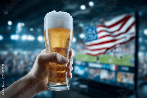 Hand holding a cold glass of beer with foam in front of a blurred screen showing American football and waving US flag at night