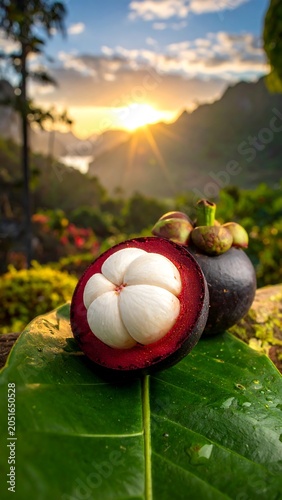 A serene tropical landscape with mangosteen fruit on a leaf