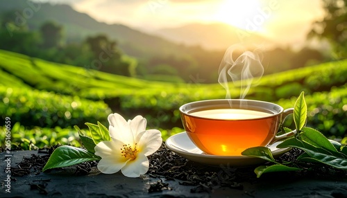 A serene tea setting with a steaming cup on a saucer, surrounded by tea leaves and a white flower, set against a picturesque tea plantation landscape at sunrise