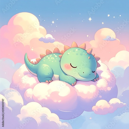 A serene teal dinosaur with spiky back and tail sleeping peacefully on a fluffy cloud surrounded by soft pastel clouds and stars