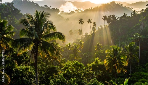 A serene tropical landscape with palm trees and sun rays piercing through clouds