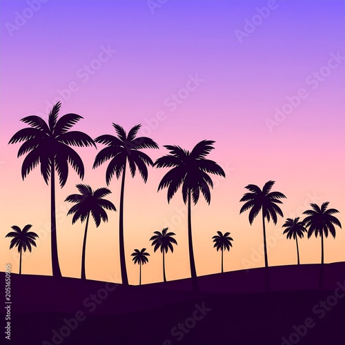A serene tropical landscape with silhouetted palm trees against a vibrant gradient sunset sky