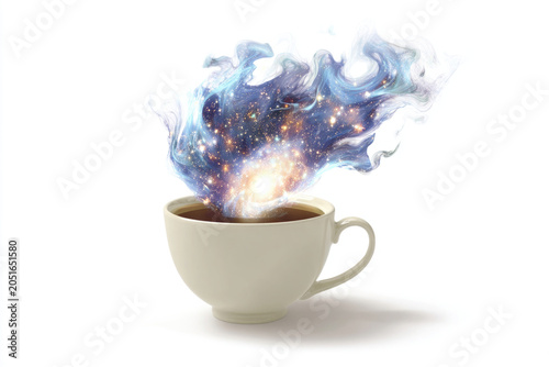 Coffee cup with swirling galaxy steam on white background. Space for text.