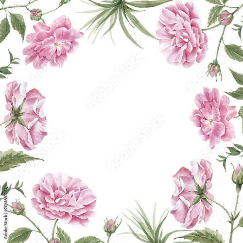 Watercolor frame with pink roses and green leaves. Floral design for greeting cards, wedding invitations, birthdays, and holiday decor. Hand-painted.