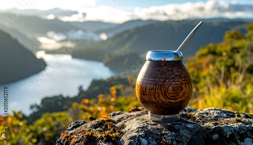 Close-up of a wooden vessel with a metal straw, perched on rock, overlooking a scenic valley landscape with a lake